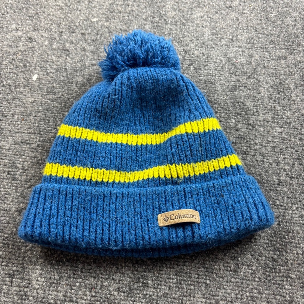COLUMBIA Mens Blue/Yellow Knit Fold over Pom Fleece Lined  Beanie  OSFM